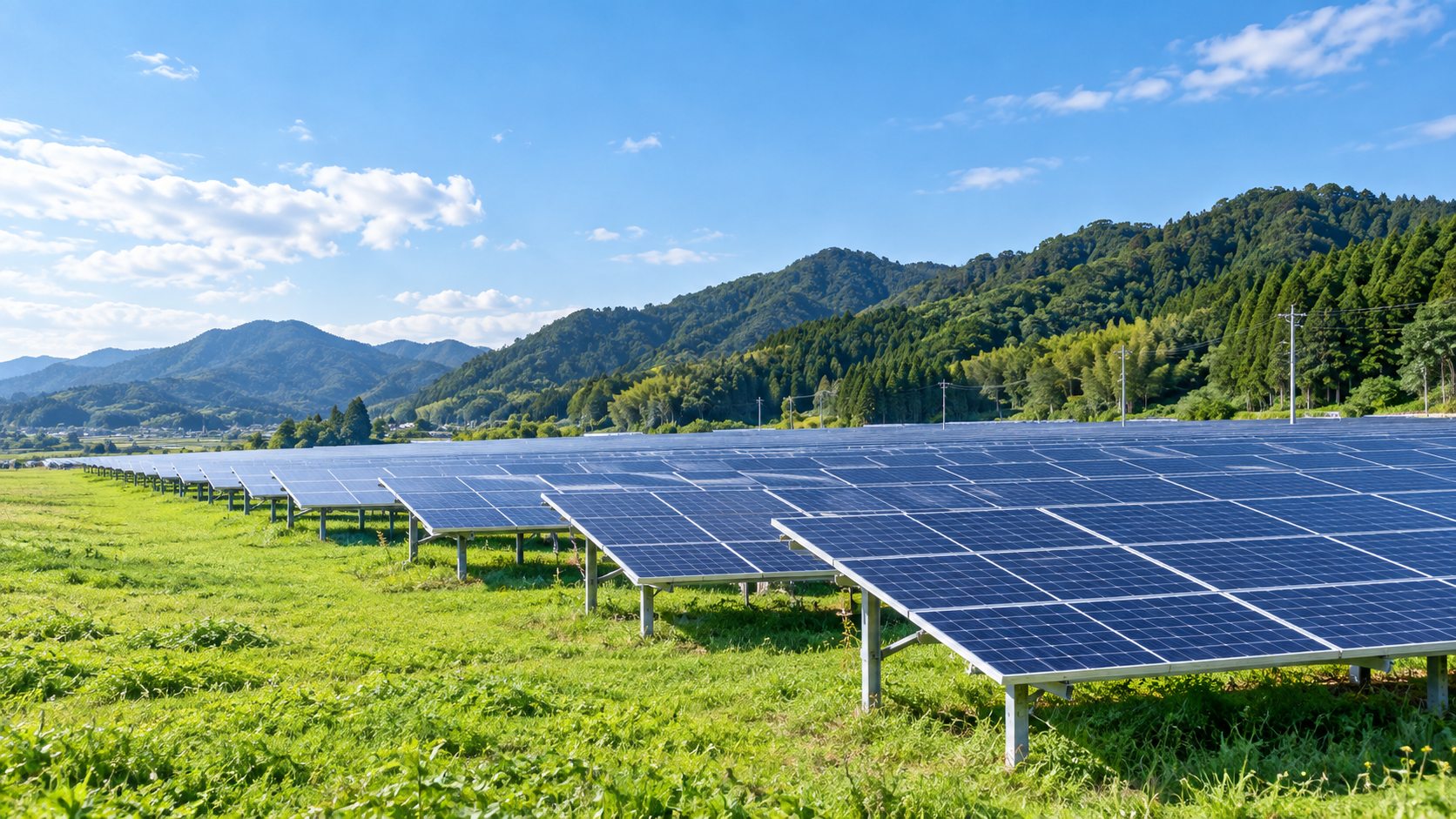 緑の山を背景に並ぶ太陽光発電パネル