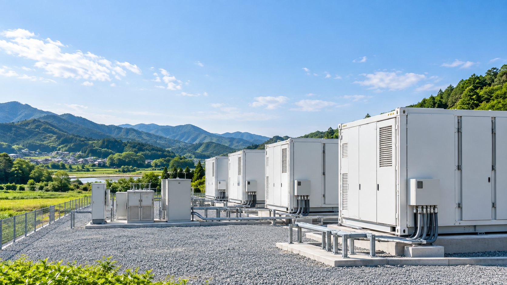 山あいに設置された蓄電所のコンテナ設備